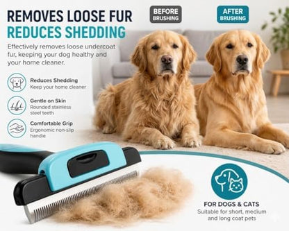 Dog Deshedding Brush – Removes Loose Undercoat & Reduces Shedding – Gentle Stainless Steel Grooming Tool for Dogs & Cats, Short and Medium Hair