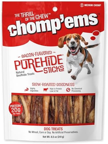 Chomp’ems Bacon Flavored Purehide Sticks, Beefhide Dog Chews, 8.5 oz