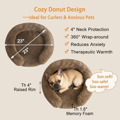 Calming Dog & Cat Beds with Orthopedic Egg-Crate Foam Raised Rim, Soft Fluffy Faux Fur Pet Bed for Small Medium Dogs, Anxiety Relief Spine Support, Machine Washable Cover (Round, Coffee 23")