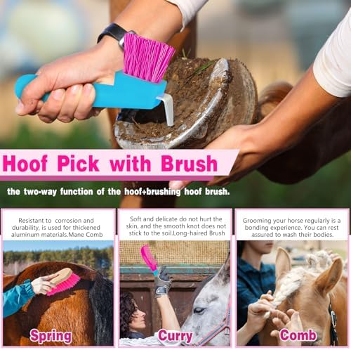 Abbylike 12 Pieces Horse Grooming Kit Equine Care Brushes, Rose Red