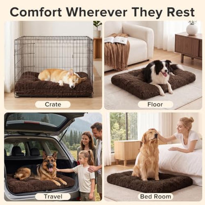 JOEJOY Large Dog Bed Crate Pad, Deluxe Plush Washable Dog Beds Fulffy Soft Kennel Pad Anti-Slip Pet Sleeping Mat for Extra Large Medium Small Dogs, 47" x 29", Brown