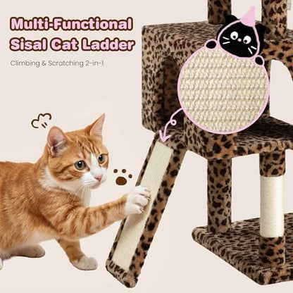 SHA CERLIN 82 inch Cat Tree Tower, Multi-Level Cat Condo with Plush Perches, Sisal Scratching Posts, Hammock and Toys, Stable Cat Tower for Kittens and Adult Cats, Leopard Print