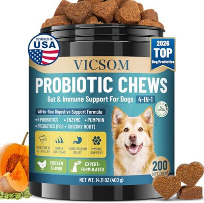 VICSOM Probiotics for Dogs Probiotic Chews, Gut, Immune & Skin Care, 200 Ct