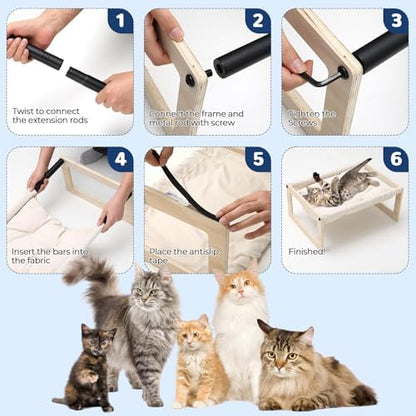 Elevated Cat Bed, Wooden Cat Hammock with Washable Thickened Cozy Cushion