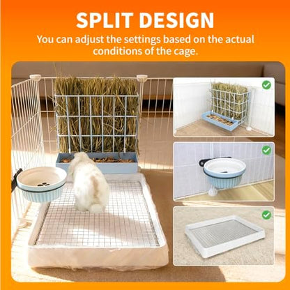 BESNEW 3 in 1 Rabbit Hay Feeder with Litter Box,Upgraded Metal Hay Rack & Litter Tray & Water Bowl,Quick Cleaning,Easy to Install,Bunny Supplies for Rabbit Guinea Pig Chinchilla Small Animals