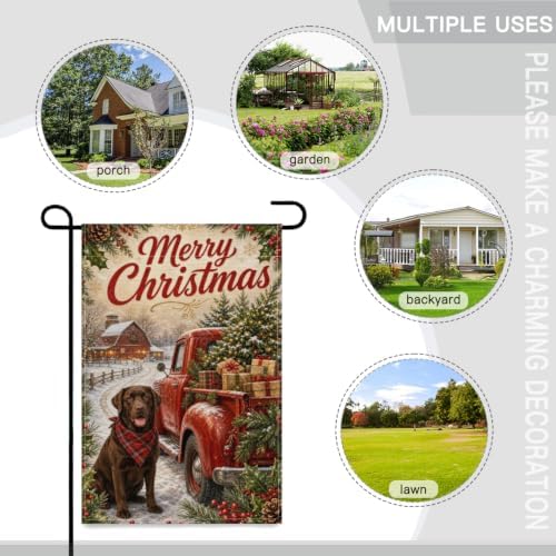 Christmas Labrador Garden Flag 12x18 Inch Merry Holiday Chocolate Dog Red Truck Tree Gifts Snowy Barn Rustic Farmhouse Outdoor Yard Lawn Porch Double Sided Banner Welcome Decor