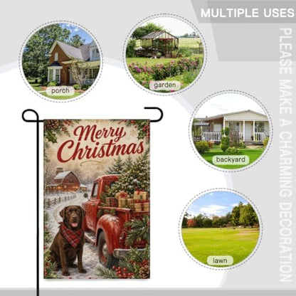 Christmas Labrador Garden Flag 12x18 Inch Merry Holiday Chocolate Dog Red Truck Tree Gifts Snowy Barn Rustic Farmhouse Outdoor Yard Lawn Porch Double Sided Banner Welcome Decor