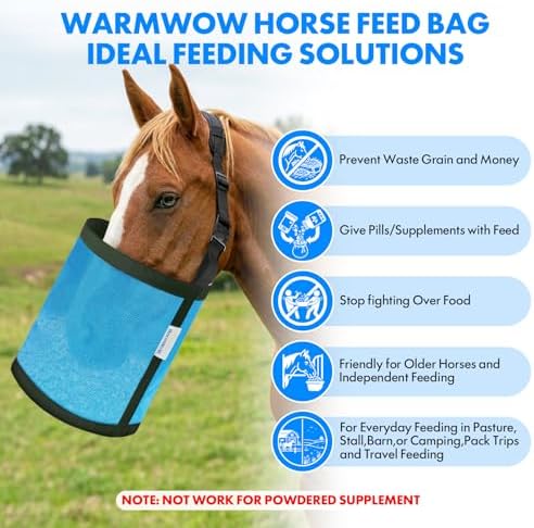 Horse Feed Bag Pack of 2 (Reinforced Bottom Edging), Feed Bags for Horses with Ventilation Mesh, Comfort Nose Pad Neck Pad, Adjustable Strap, Spill Proof Design for Feeding Grain, Supplements