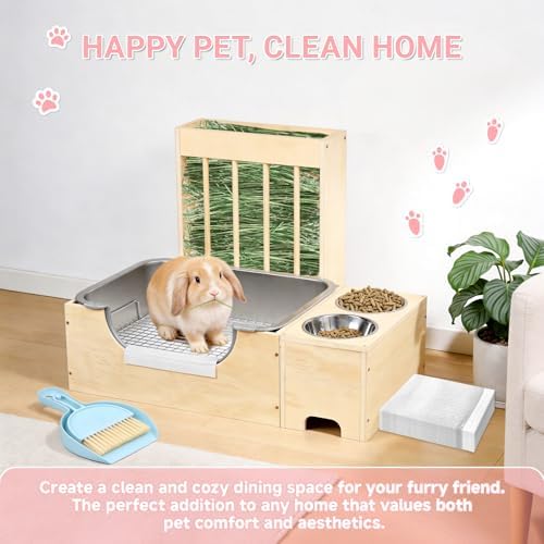 3-in-1 Rabbit Hay Feeder with Stainless Steel Litter Box, Wooden Bunny Hay Rack & Food Bowl Stand Combo, Low Entry Potty Trainer for Guinea Pigs, Includes 20 Pee Pads & 12 Carrot Treats