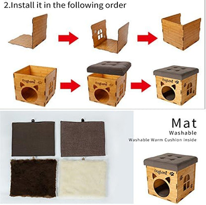 S-Lifeeling Pet Nest Cat Litter Foldable Functional High-Grade Wooden Cushion Pet Cat Small Dog House Bed Mat Cave and House Chair