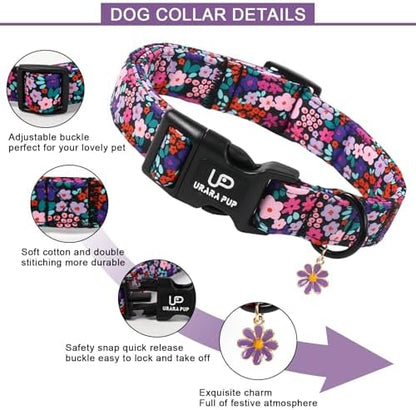 Floral Dog Collar, UP URARA PUP Colorful Floral Adjustable Pet Collar with Flower Charm, Daily Dog Accessories for Small Medium Large Dogs