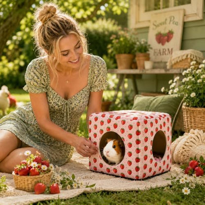 Guinea Pig Hideout House with Removable Cushion, Washable Small Animal Cube Bed, Cozy Bunny Hideaway for Guinea Pigs, Chinchillas, Hedgehogs, Hamsters & Dwarf Rabbits