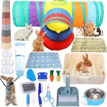 34 Pcs Rabbit Starter Kit Rabbit Litter Box Small Animal Water Bottle Cups Bunny Tunnels Animal Grooming Kit Bowl Blanket with Cleaning Set for Guinea Pig Bunny Accessories(Style 1,Blue)
