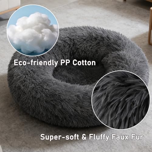 Calming Donut Dog Beds Large Sized Dog - Washable Removable Cover Non-Slip, Round Pet Bed Warming Fluffy Plush Faux Fur Anti-Anxiety Thick Cushion, Fits up to 80 lbs (Dark Grey, 36")