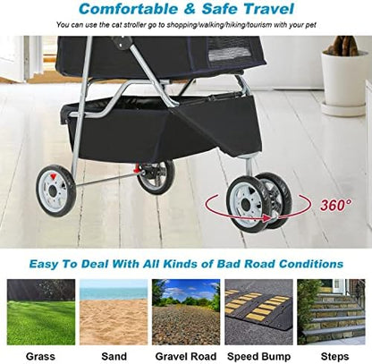 BestPet | 3-Wheel Foldable Pet Stroller | Black | Lightweight & Portable