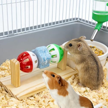 Hamster Enrichment Bell Ball Toys, Natural Guinea Pig Chewing Calcium Stone for Teething, Interactive Wooden Small Anima Cage Toys for Rats, Syrian & Dwarf Hamsters Playing Teeth Grinding