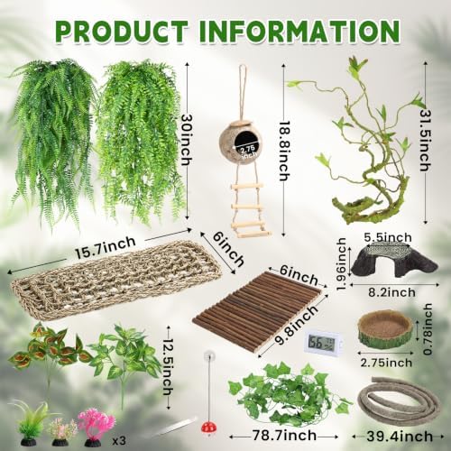 Alotiki Bearded Dragon Tank Accessories, 19 Pcs Reptile Plants Vines and Leaves Crested Gecko Tank, Hammock Flexible Bridge, Jungle Climber for Snake Lizard Chameleon Terrarium Decor