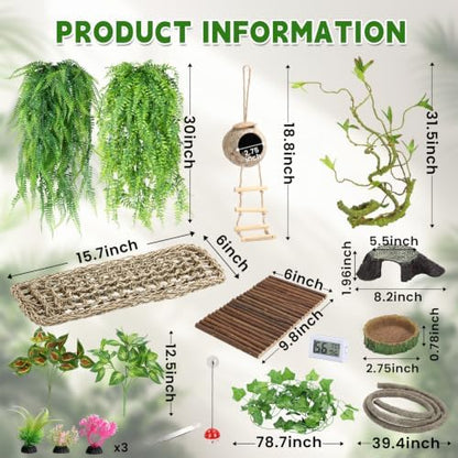 Alotiki Bearded Dragon Tank Accessories, 19 Pcs Reptile Plants Vines and Leaves Crested Gecko Tank, Hammock Flexible Bridge, Jungle Climber for Snake Lizard Chameleon Terrarium Decor