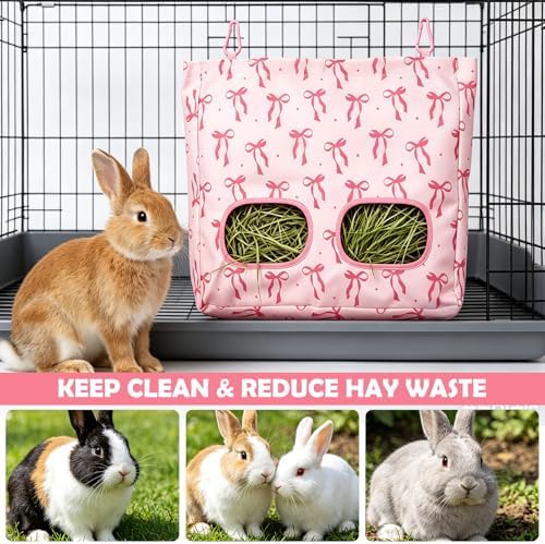 JarThenaAMCS 2Pcs Rabbit Hay Feeder Bag with 2 Holes Pink Bow Guinea Pig Hanging Hay Feeding Bag Large Storage Dispenser for Chinchilla Hamster Bunny Small Animal Pet