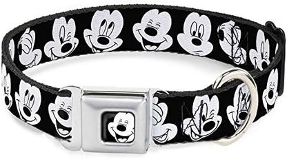 Disney Pet Collar, Dog Collar Metal Seatbelt Buckle, Mickey Mouse Expressions Close Up Black White, 20 to 31 Inches 1.5 Inch Wide
