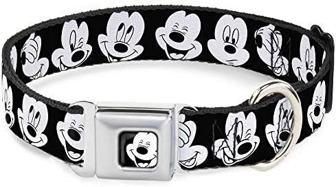 Disney Pet Collar, Dog Collar Metal Seatbelt Buckle, Mickey Mouse Expressions Close Up Black White, 20 to 31 Inches 1.5 Inch Wide