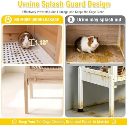 Aivituvin Wooden Guinea Pig Cages Indoor with Removable Stand, Anti Chewing Rabbit Hutch with Ramp and Wire Mesh, 2 Story Small Animals House Habitat with Pull Out Tray (Light Natural Wood)