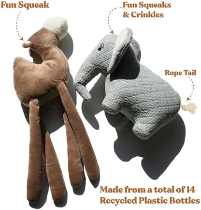 Savanna Collection Dog Toys | Jumbo Sized Elephant and Camel Plush Dog Toys - Stuffed Animals | Cute, Durable, & Sustainable Plush Chew Toys for Dogs | Eco Friendly & 100% Recycled Materials