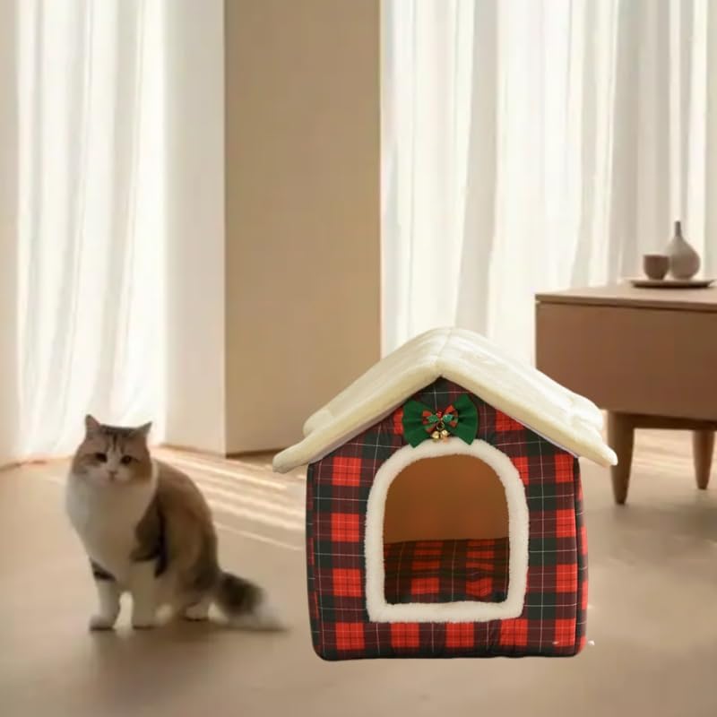 Cat Beds for Indoor Cats, Cute Christmas Plaid Cat Bed Cave