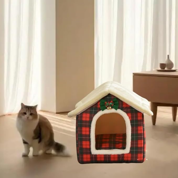 Cat Bed Cave, Cute Christmas Plaid Cat Beds for Indoor Cats, Pet House Cats Tent with Removable Cushion Pillow for Kittens Puppy Small Dogs (Plaid-M(18 * 14.6 * 15.7in))