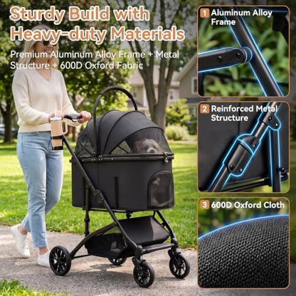 Heavy Duty Pet Stroller, 3-in-1 Dog & Cat Stroller with Detachable Carrier & Car Seat, 132 lbs Capacity for 1 Large/2 Medium Pets, Aluminum Alloy Frame, Shock Absorption, One-Touch Dual Brake, Black