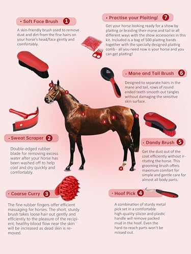 Harrison Howard Horse Grooming Kit, 7 Piece Horse Brush Set with Curry Comb, Hoof Pick, Sweat Scraper & Bag Red