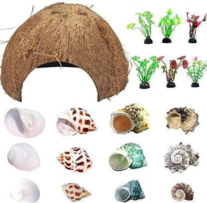 SINKOO 19PCS Hermit Crab Habitat Kit | Natural Coconut Shell Hut & Assorted Seashells with Plants | Climbing Hideout & Decor for Hermit Crabs | Home Aquarium Tank Accessories