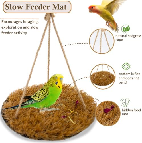FlidRunest Yellow Large Bird Foraging Mat, Natural Bird Grass Hammock Swing Toy with Hooks, Climbing Perch Hanging Toy for Parakeets, Parrot, Cockatiels, Bearded Dragon