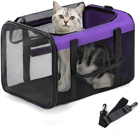 Conlun Cat Carrier Bag,Soft-Sided Pet Carriers for Dogs with 4-Sided Mesh,Airline Approved Cat Transport Carrier for Small&Medium Cats Kitten Puppy Up to 15LB,Collapsible Cat Travel Carrier-M,Purple