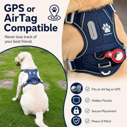 PawWave No Pull Dog Harness with Hidden AirTag Holder, Reflective Adjustable Vest Harness, Easy On-Off Design, Soft Breathable Mesh for Small Medium Large Dogs (Navy Blue, M)