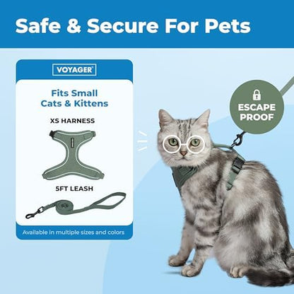 Voyager Escape-Proof Step-in Lock Cat Harness & 5ft Neoprene-Handle Leash Set All-Weather Mesh with Reflective Stitching for Small to Large Cats by Best Pet Supplies, Moss Green (327), XS