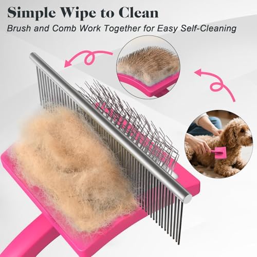 2PCS Slicker Brush for Dogs & Pet Comb,Professional Dog Grooming Brush (Goldendoodles,Poodles,Labradoodles) with Extra Long Pins to Effectively Remove Tangles, Knots and Mats (Pink, Large)