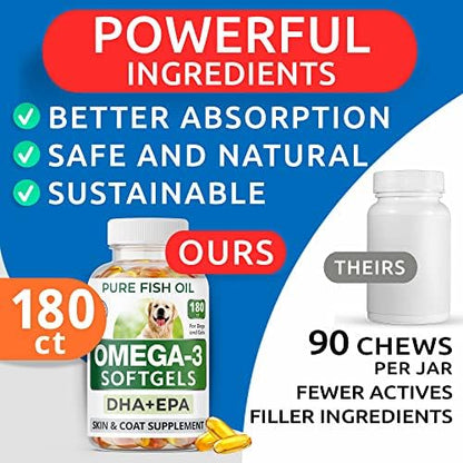 Omega 3 Fish Oil Pills for Dogs - EPA + DHA Fatty Acids - 180ct