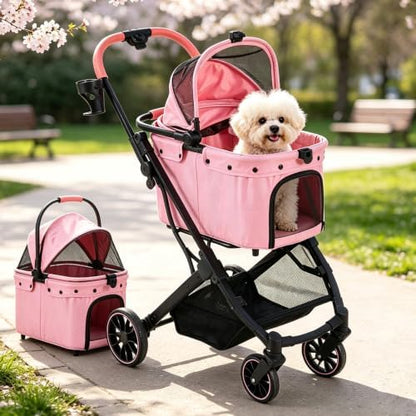 Dog Stroller for Small to Medium Dogs with Detachable Carrier, Pink