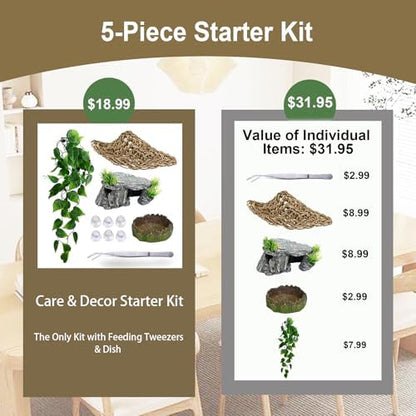 5-in-1 Leopard Gecko Tank Starter Kit, Hide Cave, Seagrass Hammock, Climbing Vine, Tweezers & Dish - 10-20 Gal | Fits Leopard/Crested Geckos, Harmit Crabs, Juvenile Tortoises (Tank Not Included)