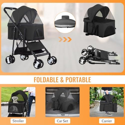 FDW 4-Wheels Multi-Function Dog Stroller Jogger with Detachable Carrier, Lightweight Travel Stroller for Small & Medium Pets, Black
