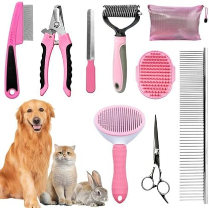 Dog Brush & Grooming Kit – 9-Piece Pet Brush & Deshedding Set for Shedding, Bathing, Trimming & Nail Care | Grooming Tools for Dogs & Cats, Includes Comb, Nail Clipper, Scissors, Slicker Brush (Pink)