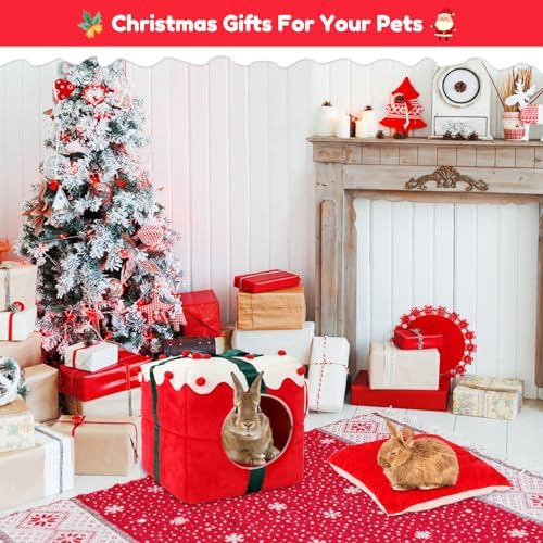 BWOGUE Christmas Rabbit Bed, Large Rabbit House and Hideouts,Warm Bunny Hut