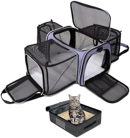 BAGLHER Expandable Cat Carrier with Travel Litter Box, Pet Travel 5 Sides Open Doors 3 Sides, Leak-Proof and Collapsible, for Car, Airplane Trip, Purple
