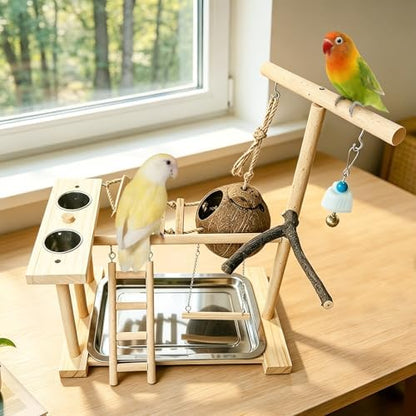 Hamiledyi Parrot Playground Bird Play Stand Natural Wood Parrot Perch Gym with Feeder Cups Cockatiel Nest with Ladder Lovebirds Cage Accessories Toy Exercise Activity Center for Cockatiel Lovebirds