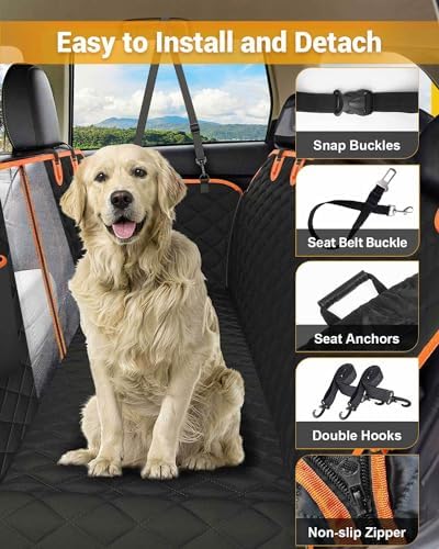 Dog Car Seat Cover, 600D Heavy Dute Car Seat Cover for Dogs Pets, 100% Waterproof Anti-Scratch Nonslip Dog Hammock for Cars, Seat Covers Protector with Seatbelt for Sedan SUV Truck XL Orange&Black