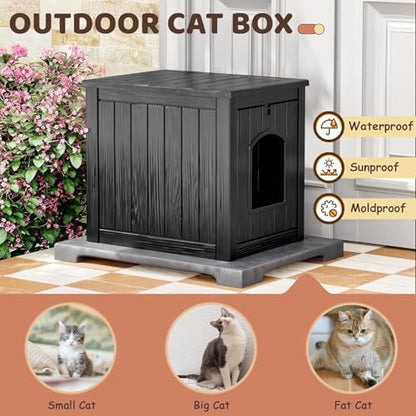 NUNU LAB Hidden Cat Litter Box Enclosure Furniture, Weatherproof Litter Box Side Table with Openable Front Door, Odor-Free & Easy Clean Cat House Cabinet for Indoor Bedroom & Outdoor Patio, Black