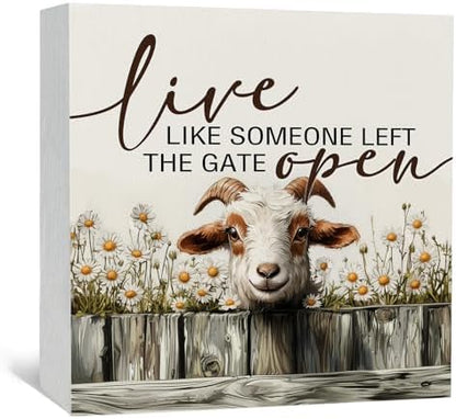 Goat Sign - Farmhouse Western Animal Office Kitchen Bedroom Decor,Rustic Farm Live like Someone Left the Gate Open Home Decor Signs,Goat Gifts for Women