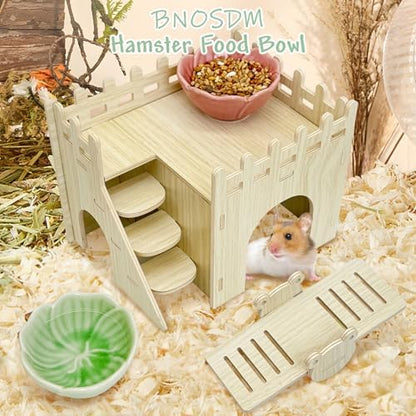 BNOSDM 2 Pcs Hamster Ceramic Food Bowl Flower Series Gerbil Drinking Bowls Anti-Turning Food & Water Dish for Dwarf Syrian Hamsters Gerbil Chinchilla（Pink, Narcissus Pattern）