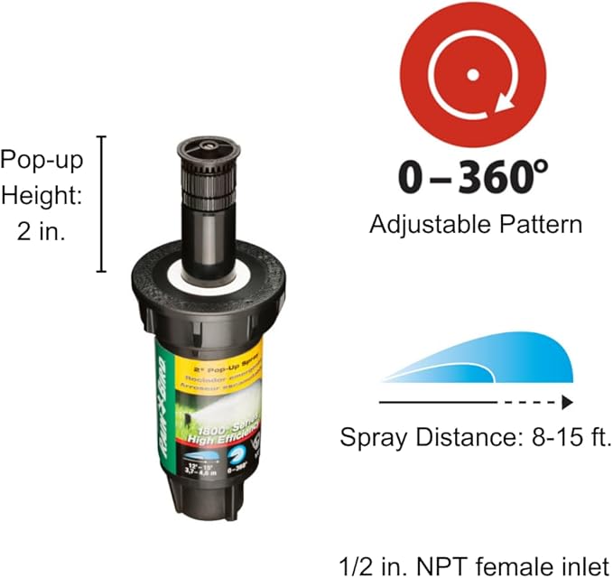 Rain Bird 1802HEVN15 High Efficiency Professional Pop-Up Sprinkler, Adjustable 0° - 360° Pattern, 8' - 15' Spray Distance, 2" Pop-up Height